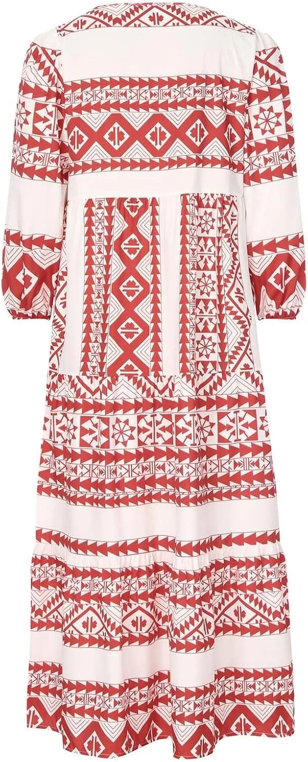 Dresses for Women Summer Boho Loose Fit Sundress Puff Half Sleeve V Neck Maxi Dress Printed Floral Dresses 2025