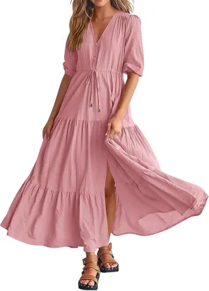 Dresses for Women Summer Short Sleeve V Neck Flowy Swing Maxi Dress Side Split Flutter Drawstring Waist Dresses