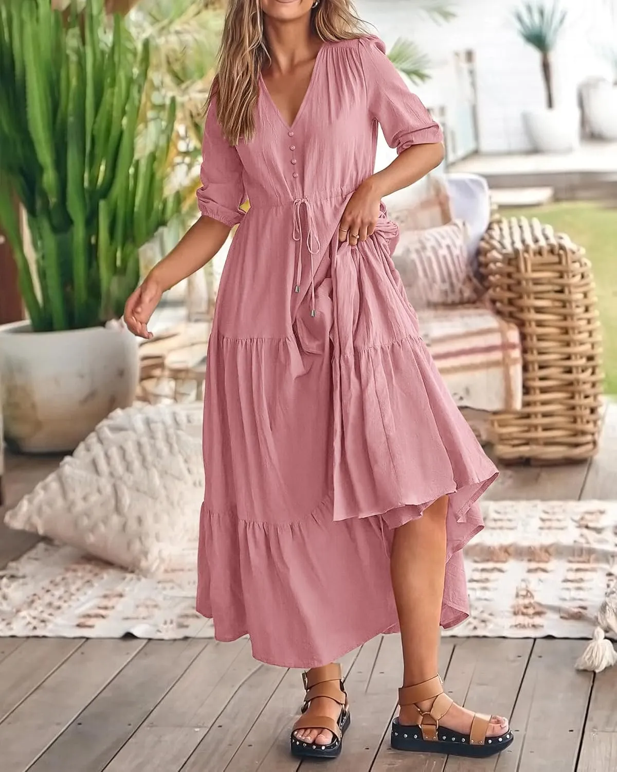 Dresses for Women Summer Short Sleeve V Neck Flowy Swing Maxi Dress Side Split Flutter Drawstring Waist Dresses