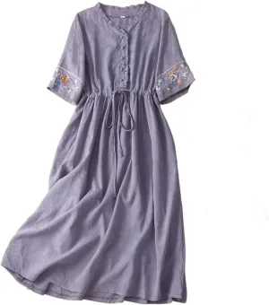 Dresses for Women Vintage Casual Dress Short Sleeve Draw String Office Lady Work Dress Long Dresses 2025