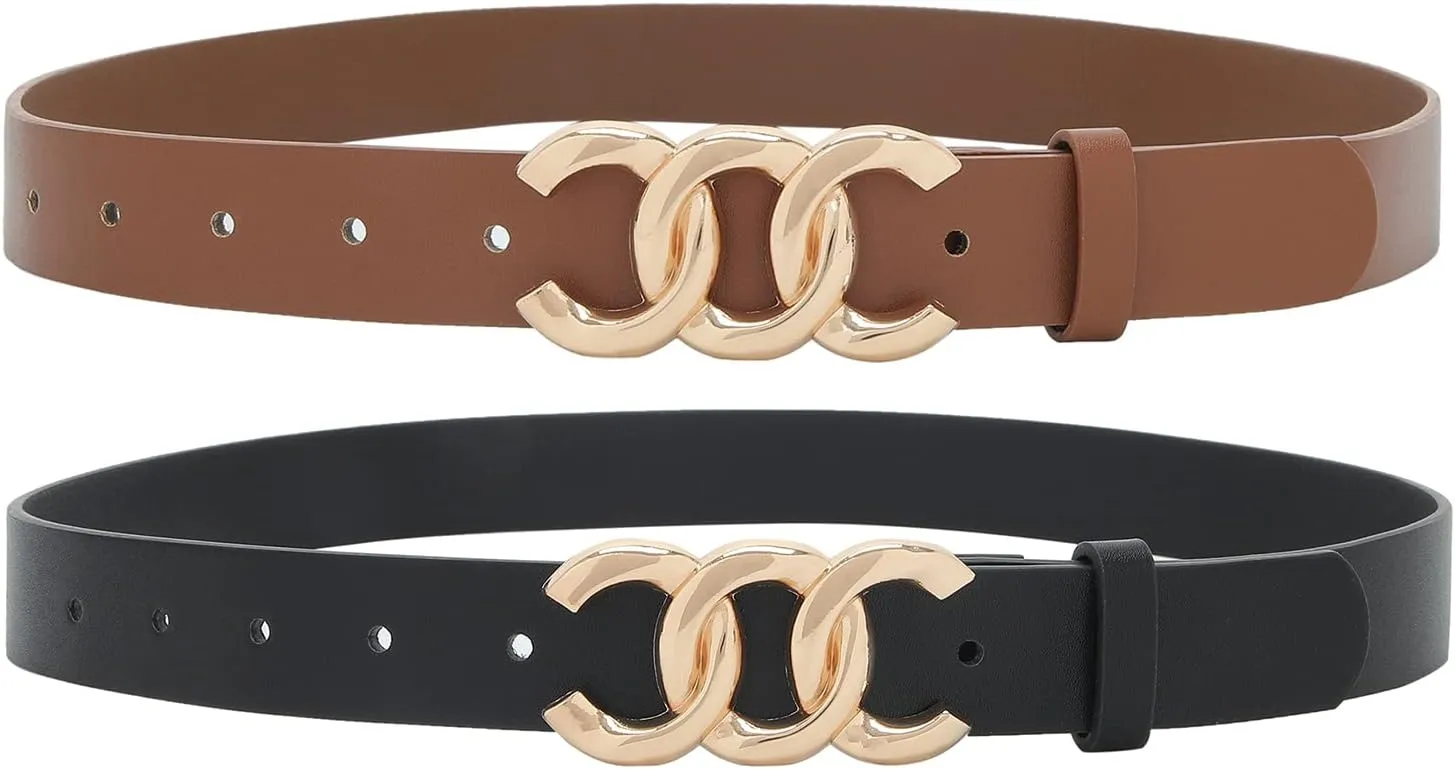 Earnda 2 Pack Women Belts for Jeans Dresses Fashion Gold Buckle Ladies Waist Belt Faux Leather Size up to 41 inch