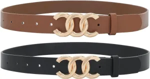 Earnda 2 Pack Women Belts for Jeans Dresses Fashion Gold Buckle Ladies Waist Belt Faux Leather Size up to 41 inch