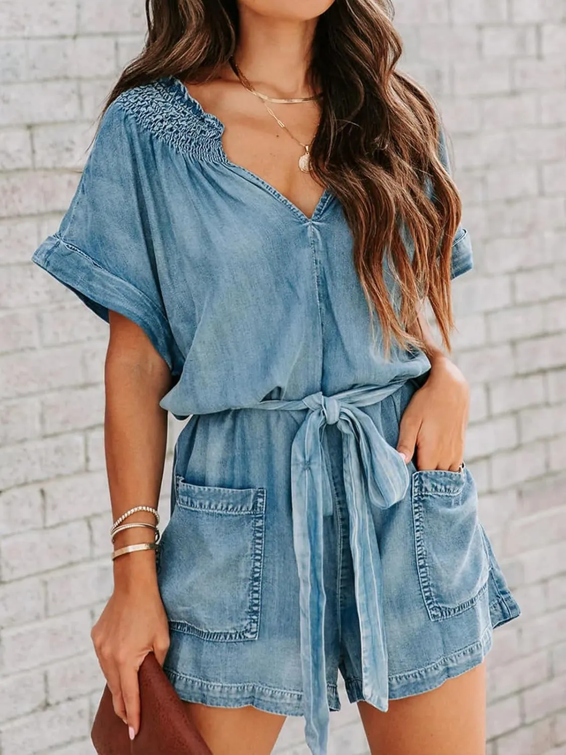 ebossy Womens Casual Ruffle V Neck Denim Romper Short Sleeve Elastic Waist Loose Jean Overall Shorts with Pockets