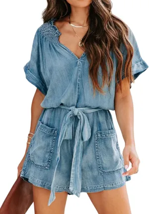 ebossy Womens Casual Ruffle V Neck Denim Romper Short Sleeve Elastic Waist Loose Jean Overall Shorts with Pockets