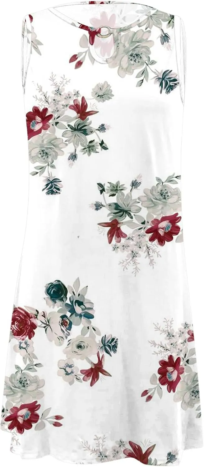 Eduavar Mini Dresses for Women Summer, Summer Casual Dresses for Women Floral Print Keyhole Sleeveless Round Neck Mini Dress