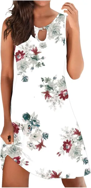 Eduavar Mini Dresses for Women Summer, Summer Casual Dresses for Women Floral Print Keyhole Sleeveless Round Neck Mini Dress