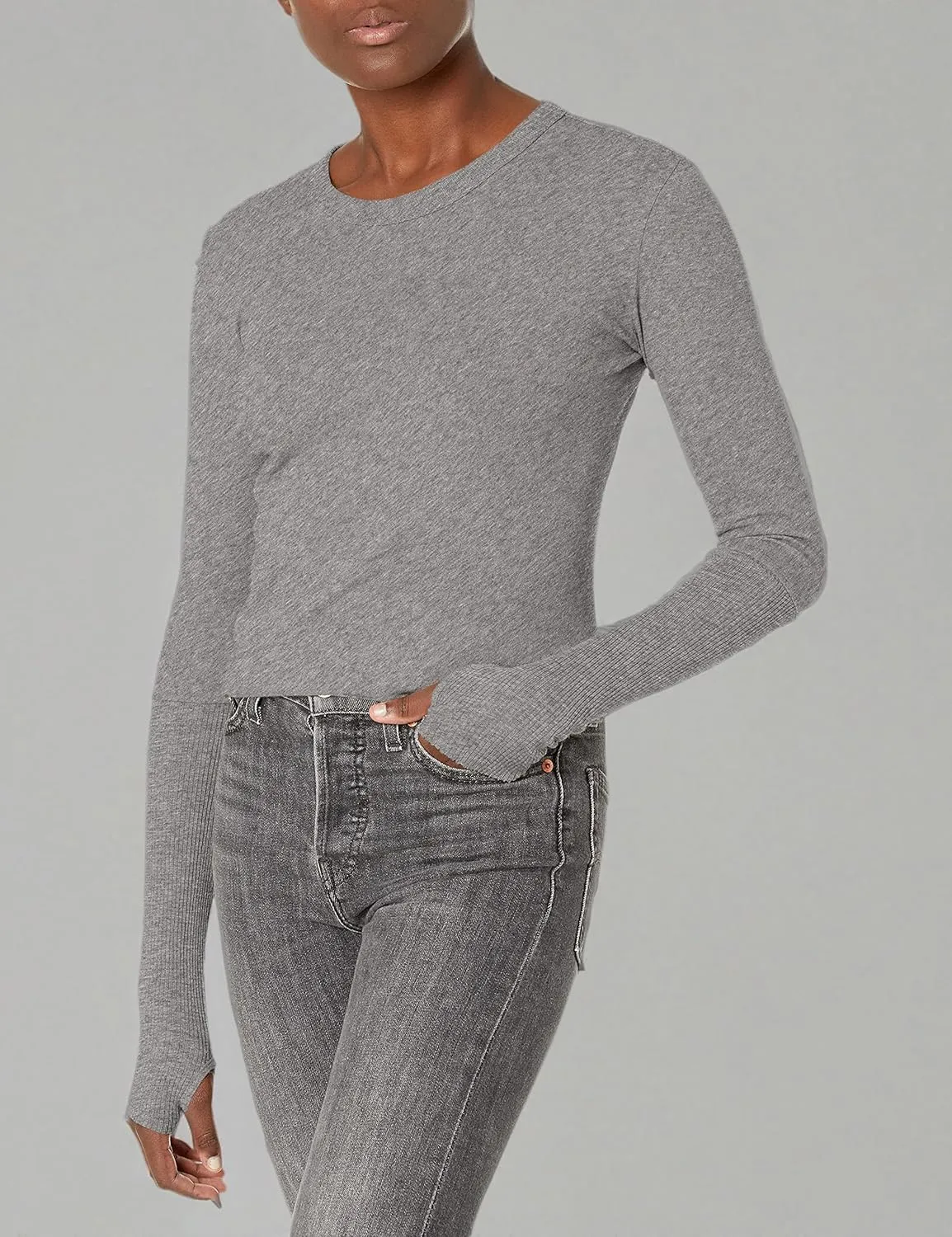 Enza Costa Women’s Cashmere Blend Cuffed Crew Top with Thumbholes