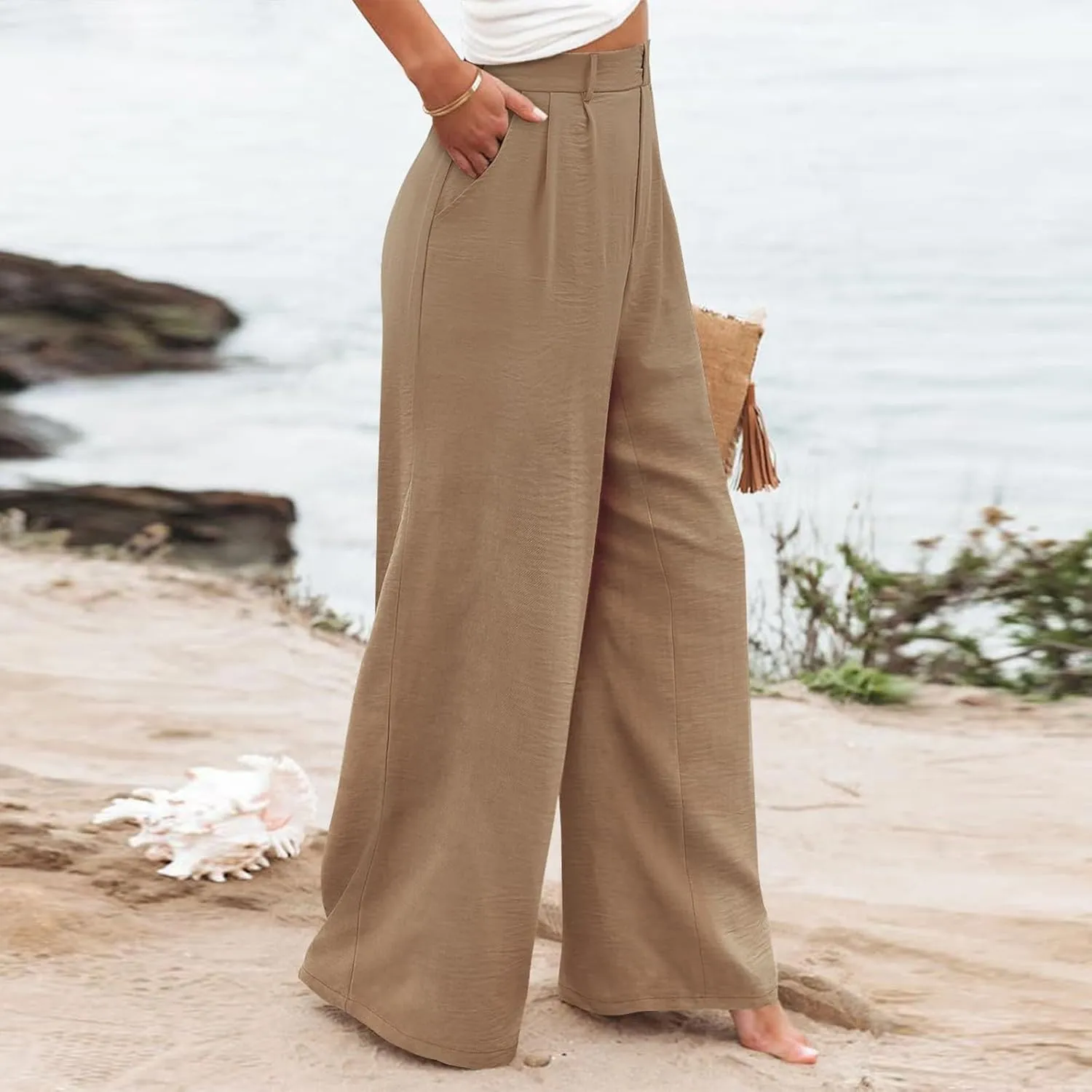 eoeioa Pull on Dress Pants for Women Elastic High Waisted Palazzo Pants Business Work Pants Wide Leg Beach Pants with Pockets