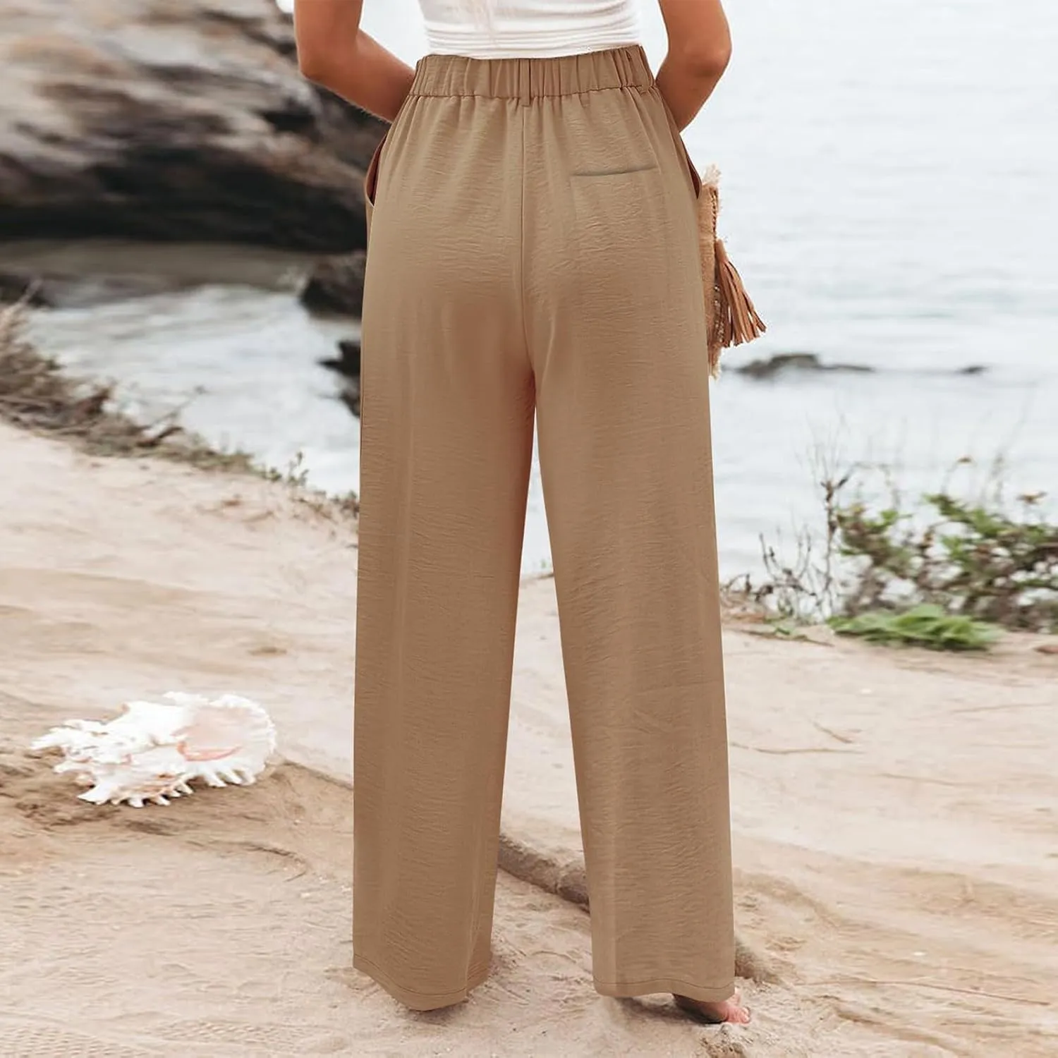 eoeioa Pull on Dress Pants for Women Elastic High Waisted Palazzo Pants Business Work Pants Wide Leg Beach Pants with Pockets