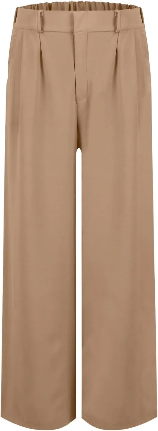 eoeioa Pull on Dress Pants for Women Elastic High Waisted Palazzo Pants Business Work Pants Wide Leg Beach Pants with Pockets