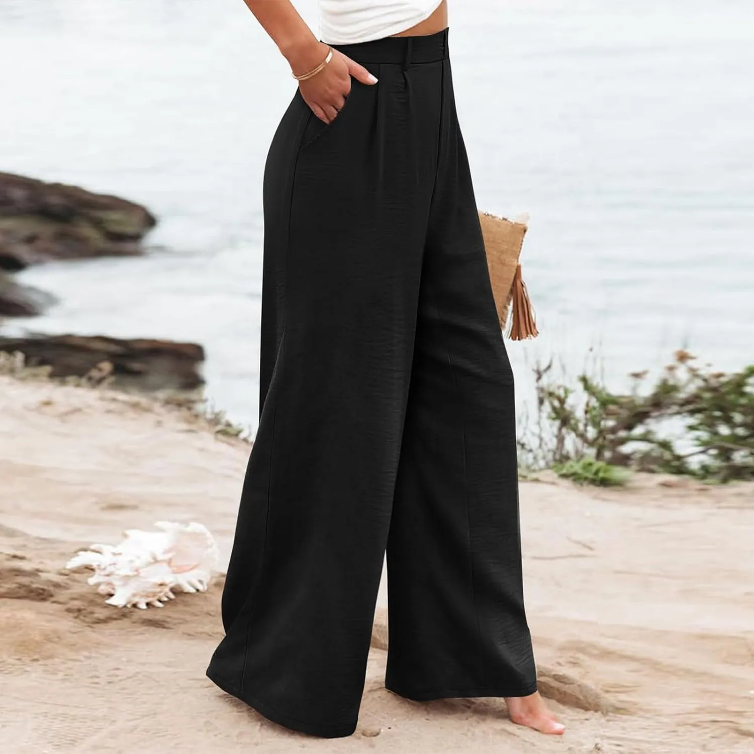 eoeioa Pull on Dress Pants for Women Elastic High Waisted Palazzo Pants Business Work Pants Wide Leg Beach Pants with Pockets