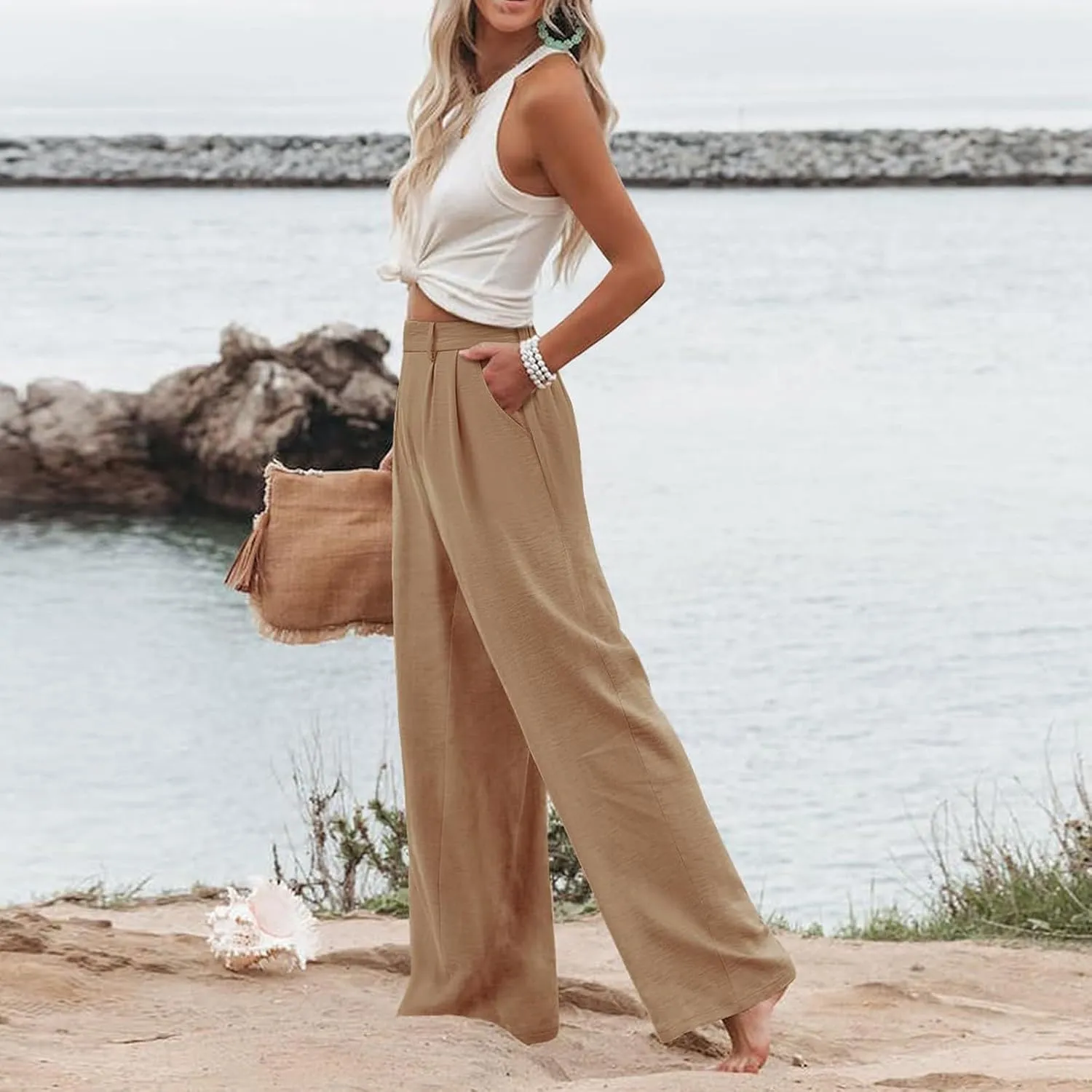 eoeioa Pull on Dress Pants for Women Elastic High Waisted Palazzo Pants Business Work Pants Wide Leg Beach Pants with Pockets
