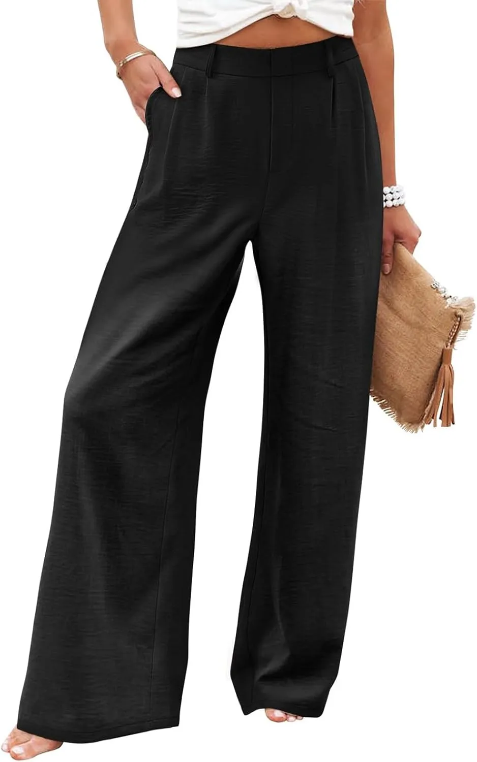 eoeioa Pull on Dress Pants for Women Elastic High Waisted Palazzo Pants Business Work Pants Wide Leg Beach Pants with Pockets
