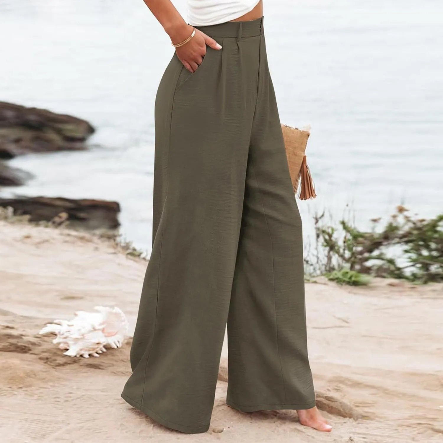 eoeioa Pull on Dress Pants for Women Elastic High Waisted Palazzo Pants Business Work Pants Wide Leg Beach Pants with Pockets