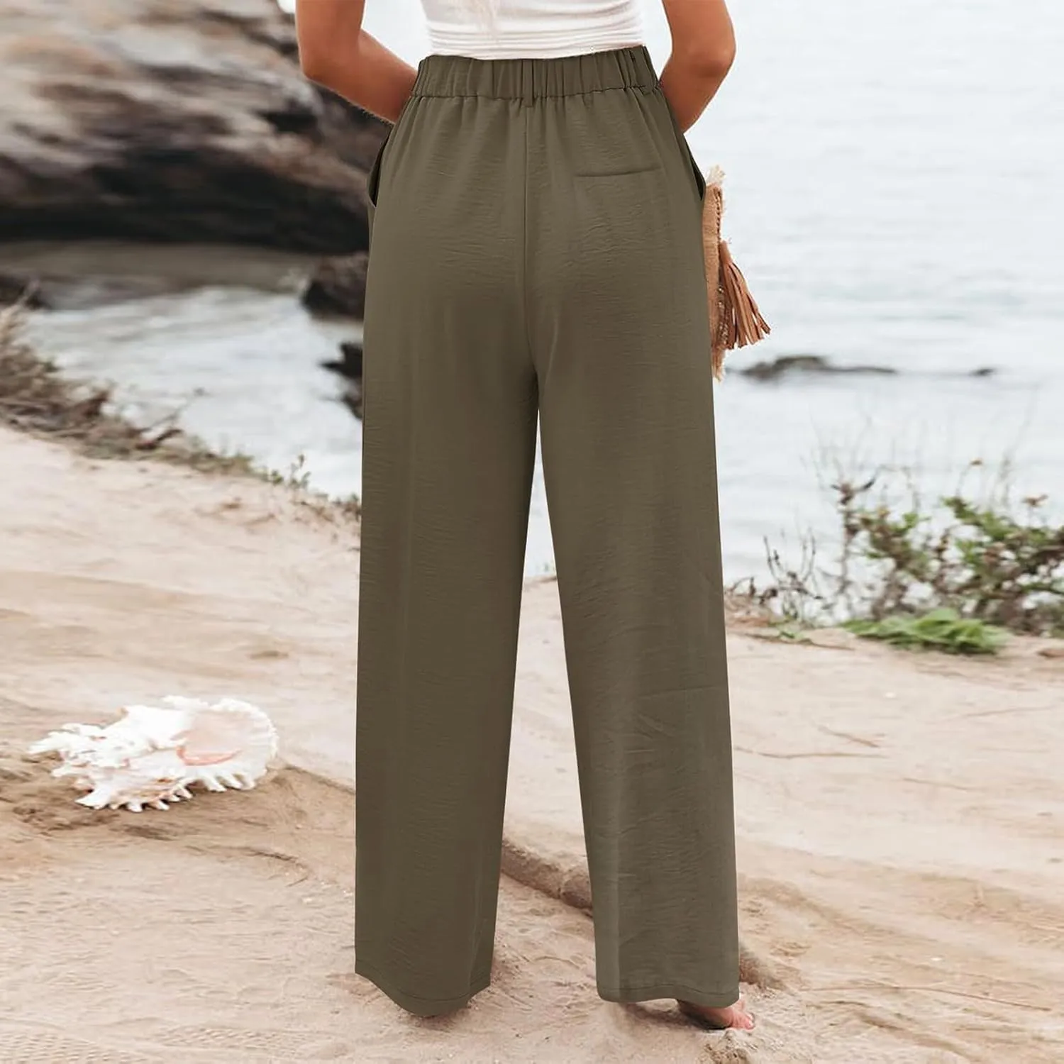 eoeioa Pull on Dress Pants for Women Elastic High Waisted Palazzo Pants Business Work Pants Wide Leg Beach Pants with Pockets