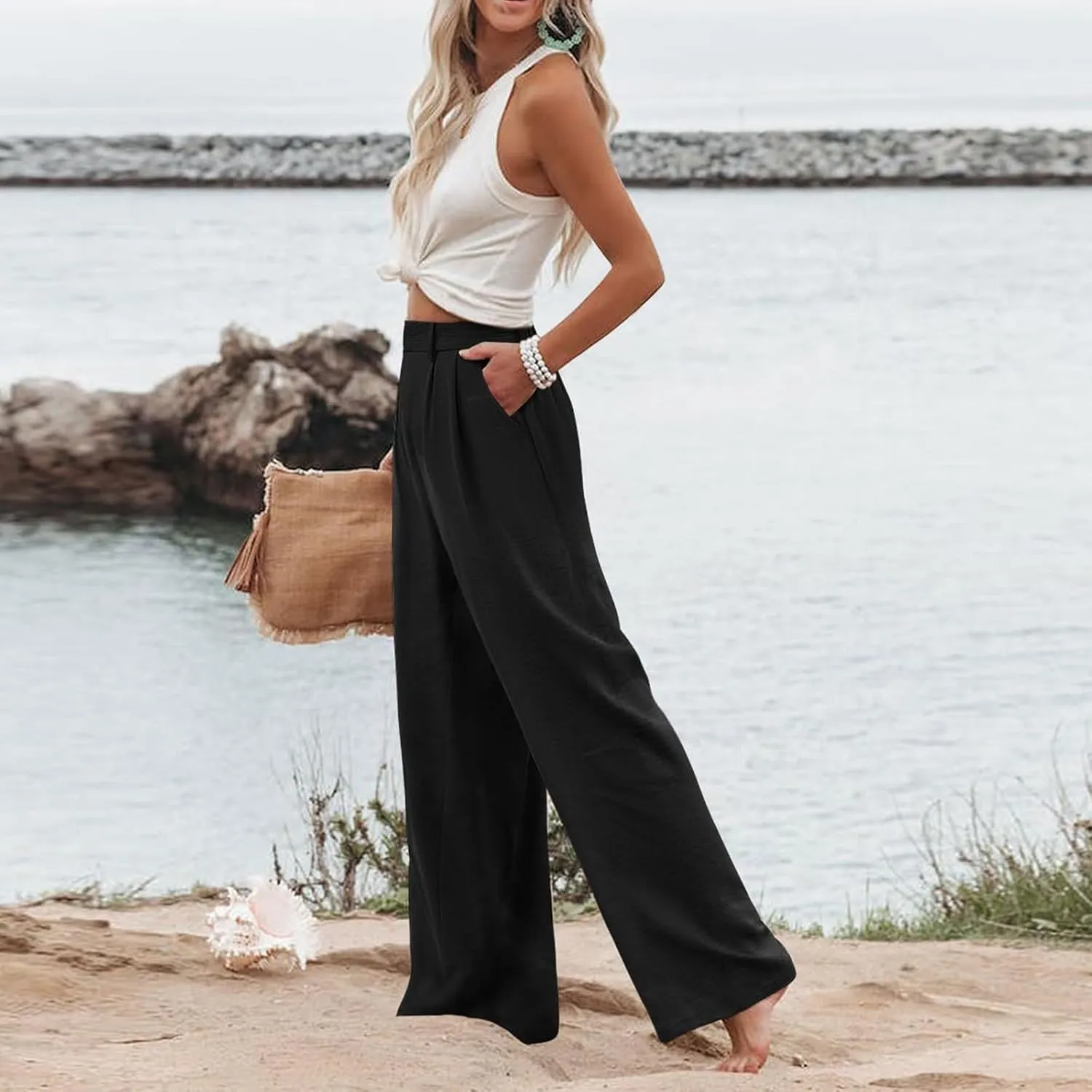 eoeioa Pull on Dress Pants for Women Elastic High Waisted Palazzo Pants Business Work Pants Wide Leg Beach Pants with Pockets