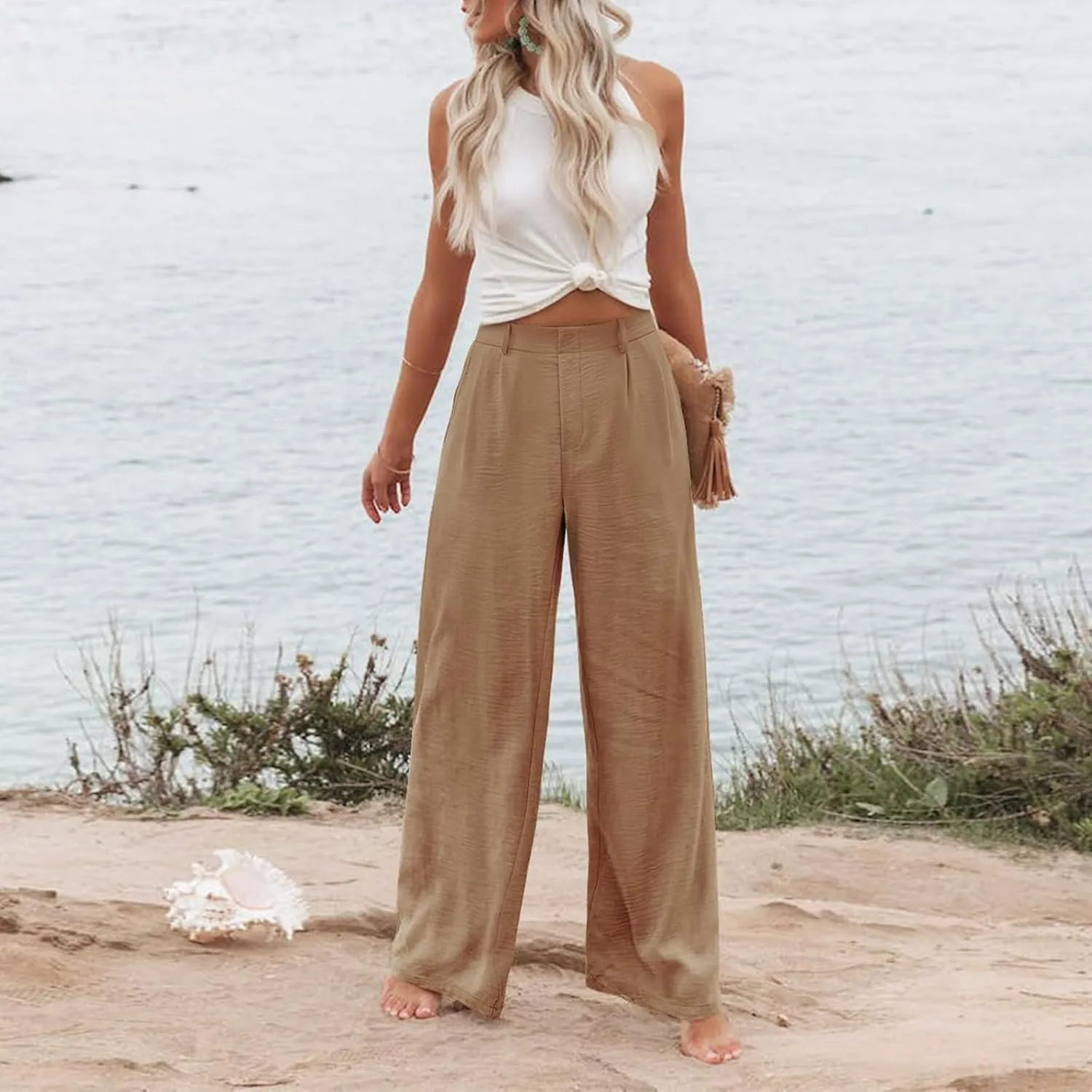 eoeioa Pull on Dress Pants for Women Elastic High Waisted Palazzo Pants Business Work Pants Wide Leg Beach Pants with Pockets
