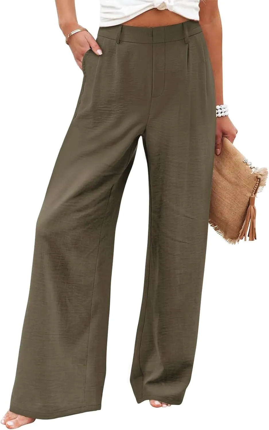 eoeioa Pull on Dress Pants for Women Elastic High Waisted Palazzo Pants Business Work Pants Wide Leg Beach Pants with Pockets