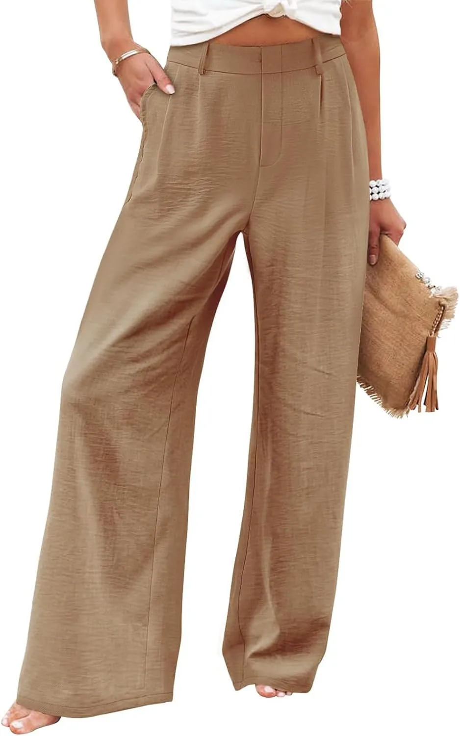 eoeioa Pull on Dress Pants for Women Elastic High Waisted Palazzo Pants Business Work Pants Wide Leg Beach Pants with Pockets