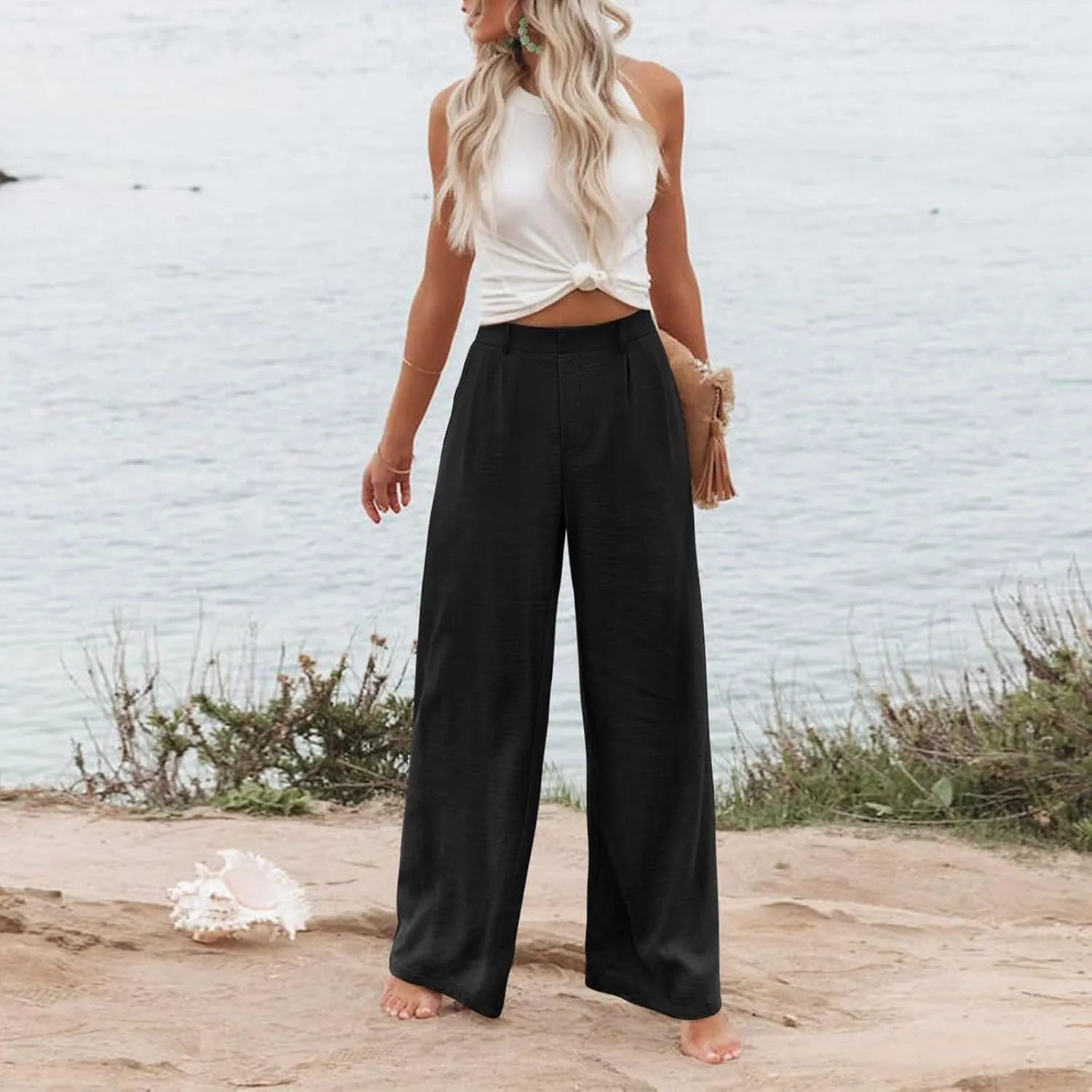 eoeioa Pull on Dress Pants for Women Elastic High Waisted Palazzo Pants Business Work Pants Wide Leg Beach Pants with Pockets