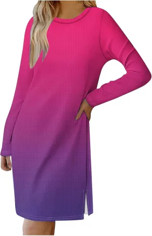 Fall Dresses for Women 2024 Casual Loose Floral Dress Long Sleeve Crew Neck Flowy Swing Mini Shift Dresses