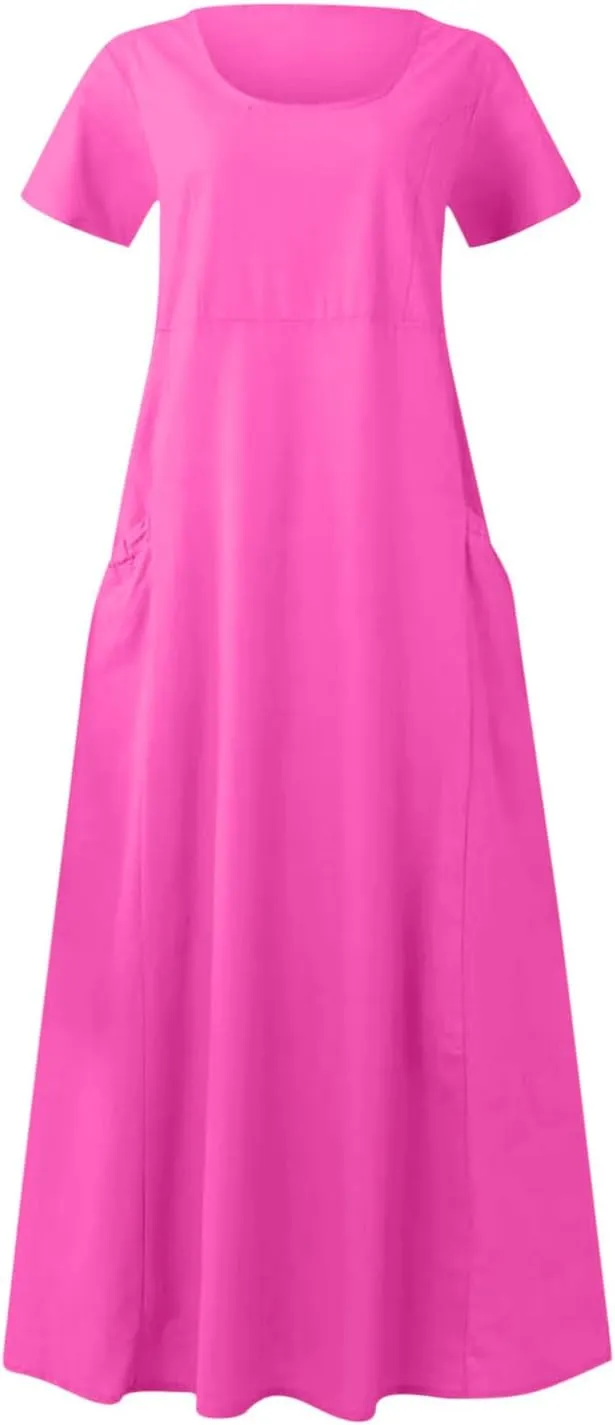 Finelylove Summer Dresses for Women 2025 Casual Flowy Midi Linen Dresses Short Sleeve Bohemian Beach Dress Gauze Sundress