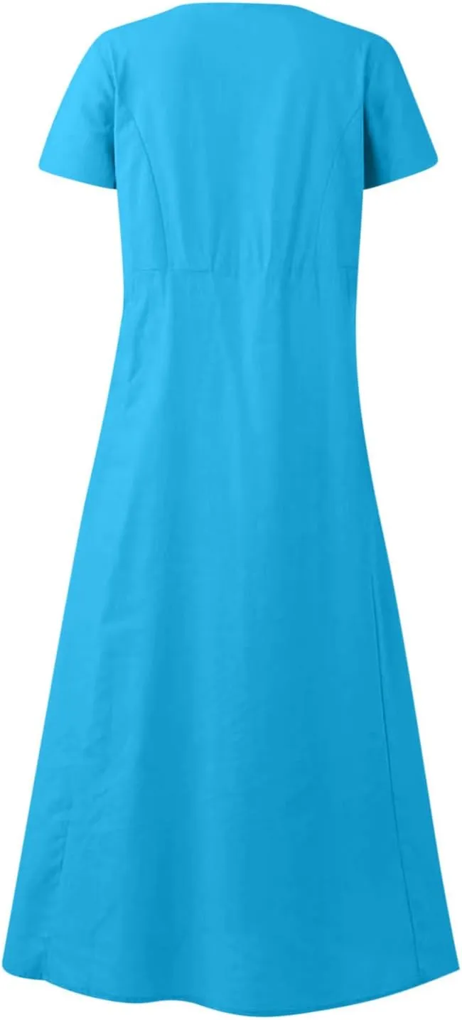 Finelylove Summer Dresses for Women 2025 Casual Flowy Midi Linen Dresses Short Sleeve Bohemian Beach Dress Gauze Sundress