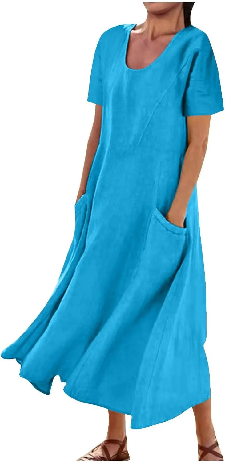 Finelylove Summer Dresses for Women 2025 Casual Flowy Midi Linen Dresses Short Sleeve Bohemian Beach Dress Gauze Sundress