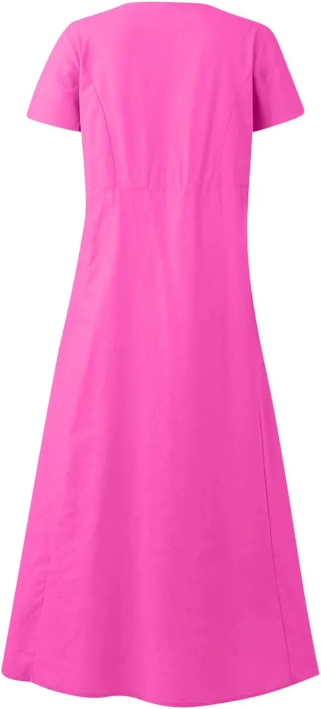 Finelylove Summer Dresses for Women 2025 Casual Flowy Midi Linen Dresses Short Sleeve Bohemian Beach Dress Gauze Sundress