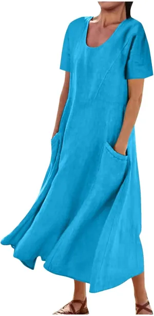 Finelylove Summer Dresses for Women 2025 Casual Flowy Midi Linen Dresses Short Sleeve Bohemian Beach Dress Gauze Sundress