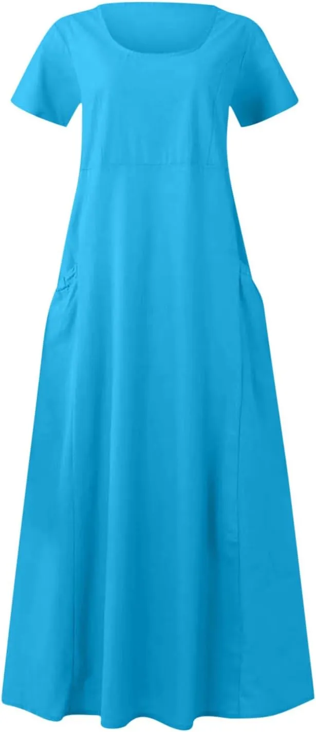 Finelylove Summer Dresses for Women 2025 Casual Flowy Midi Linen Dresses Short Sleeve Bohemian Beach Dress Gauze Sundress