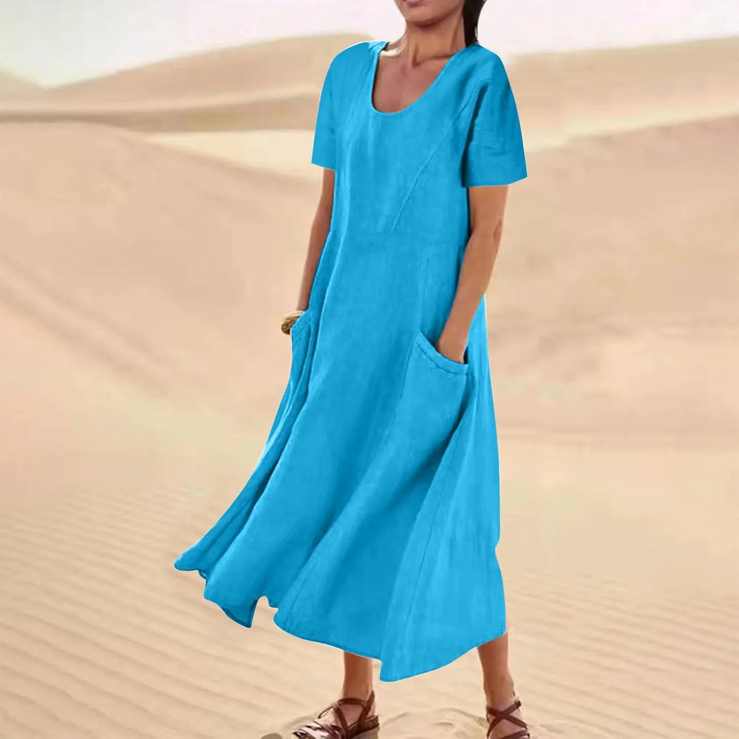 Finelylove Summer Dresses for Women 2025 Casual Flowy Midi Linen Dresses Short Sleeve Bohemian Beach Dress Gauze Sundress