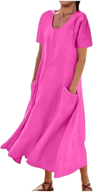 Finelylove Summer Dresses for Women 2025 Casual Flowy Midi Linen Dresses Short Sleeve Bohemian Beach Dress Gauze Sundress
