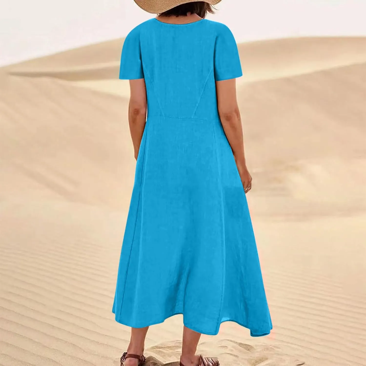 Finelylove Summer Dresses for Women 2025 Casual Flowy Midi Linen Dresses Short Sleeve Bohemian Beach Dress Gauze Sundress