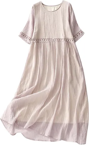 Finelylove Sundress for Women Bohemian Floral Print Midi Dress Casual Short Sleeve Cotton Dress Comfy Beach Vacation Clothes