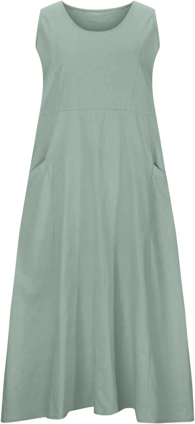 Finelylove Womens Summer Dresses Bohemian Cotton Linen Dress Sleeveless Loose Tanke Dress Flowy Long Beach Casual Sundress