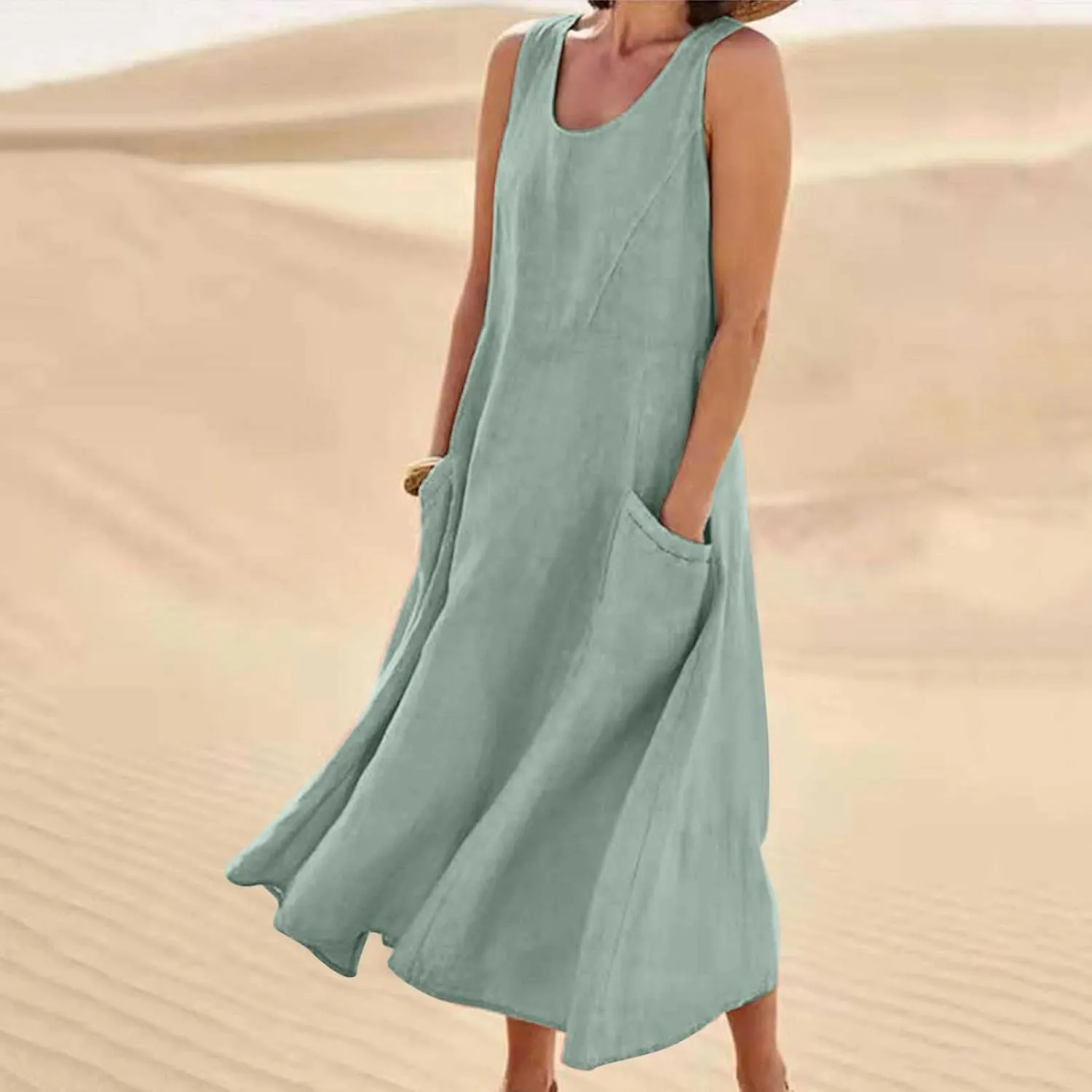 Finelylove Womens Summer Dresses Bohemian Cotton Linen Dress Sleeveless Loose Tanke Dress Flowy Long Beach Casual Sundress