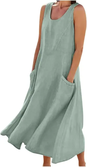 Finelylove Womens Summer Dresses Bohemian Cotton Linen Dress Sleeveless Loose Tanke Dress Flowy Long Beach Casual Sundress