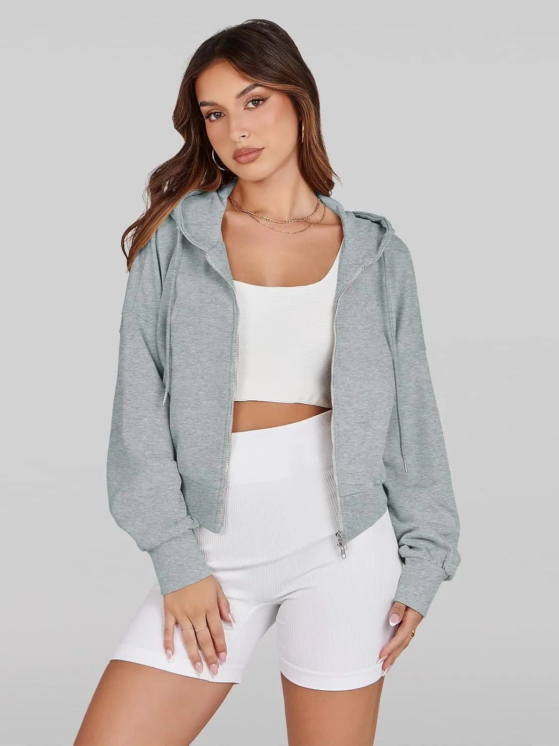 Fisoew Women's Crop Zip Up Hoodies Casual Long Sleeve Hooded Cropped Sweatshirts with Pockets