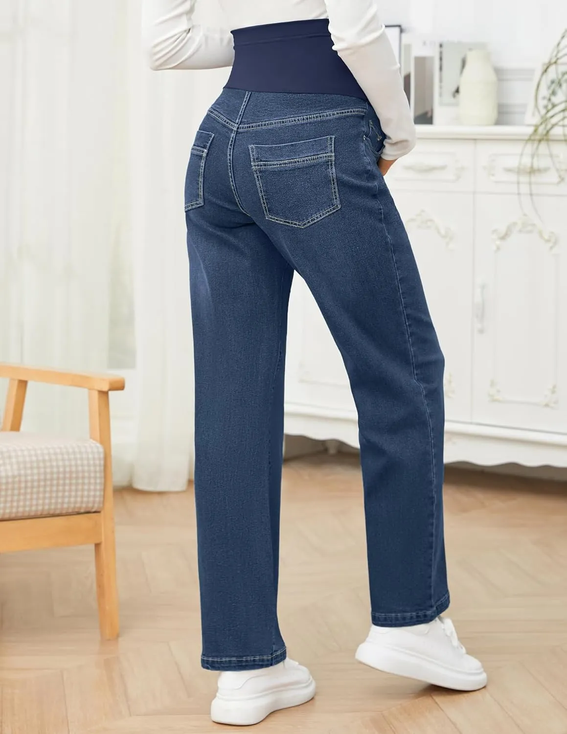 fitglam Women's Maternity Jeans Straight Leg Relaxed Fit Over Belly Pregnancy Denim Work Pants Maternity Clothes with Pockets