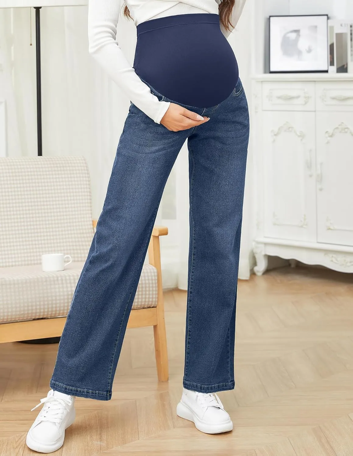 fitglam Women's Maternity Jeans Straight Leg Relaxed Fit Over Belly Pregnancy Denim Work Pants Maternity Clothes with Pockets