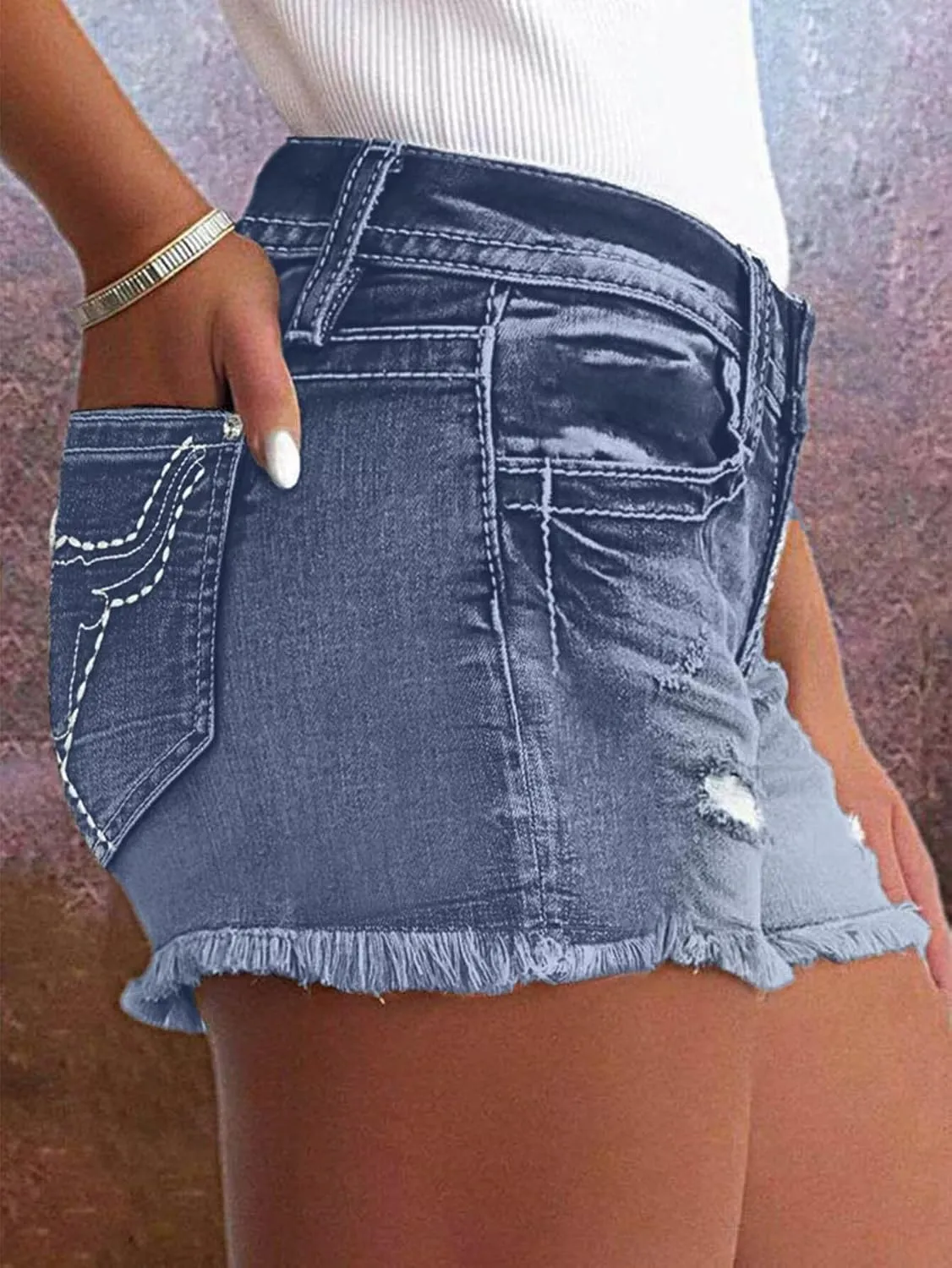 Flamingals Jean Shorts for Women Mid Waisted Stretchy Ripped Denim Shorts Raw Hem Curvy Summer Trendy Shorts