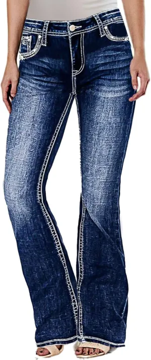 Flamingals Women's Butt Lifting Bootcut Jeans Mid Waist Straight Leg Stretchy Curvy Tummy Control Denim Jeans