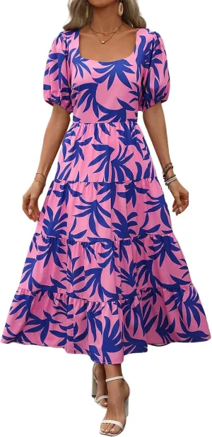 Floral Dress for Women Summer Puff Short Sleeve Square Neck Maxi Dress Casual Ruffle High Waist Dresses 2025