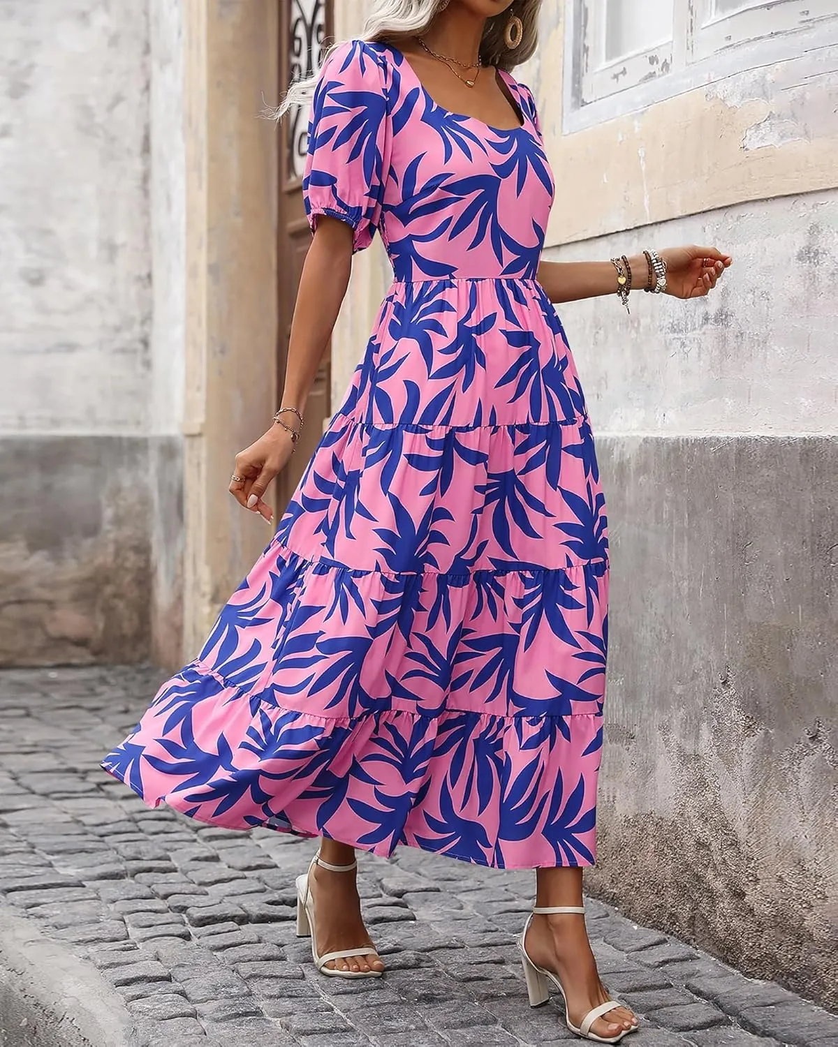 Floral Dress for Women Summer Puff Short Sleeve Square Neck Maxi Dress Casual Ruffle High Waist Dresses 2025
