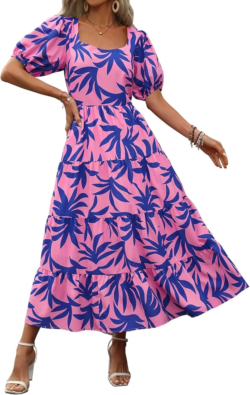 Floral Dress for Women Summer Puff Short Sleeve Square Neck Maxi Dress Casual Ruffle High Waist Dresses 2025