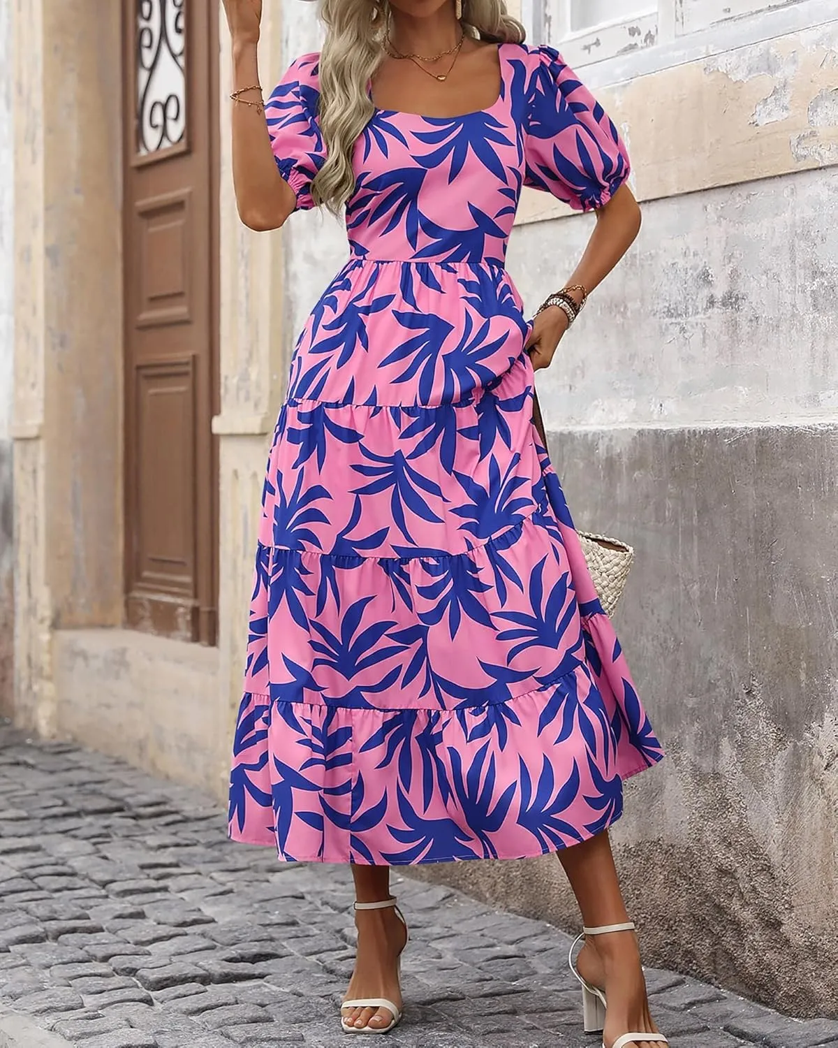 Floral Dress for Women Summer Puff Short Sleeve Square Neck Maxi Dress Casual Ruffle High Waist Dresses 2025