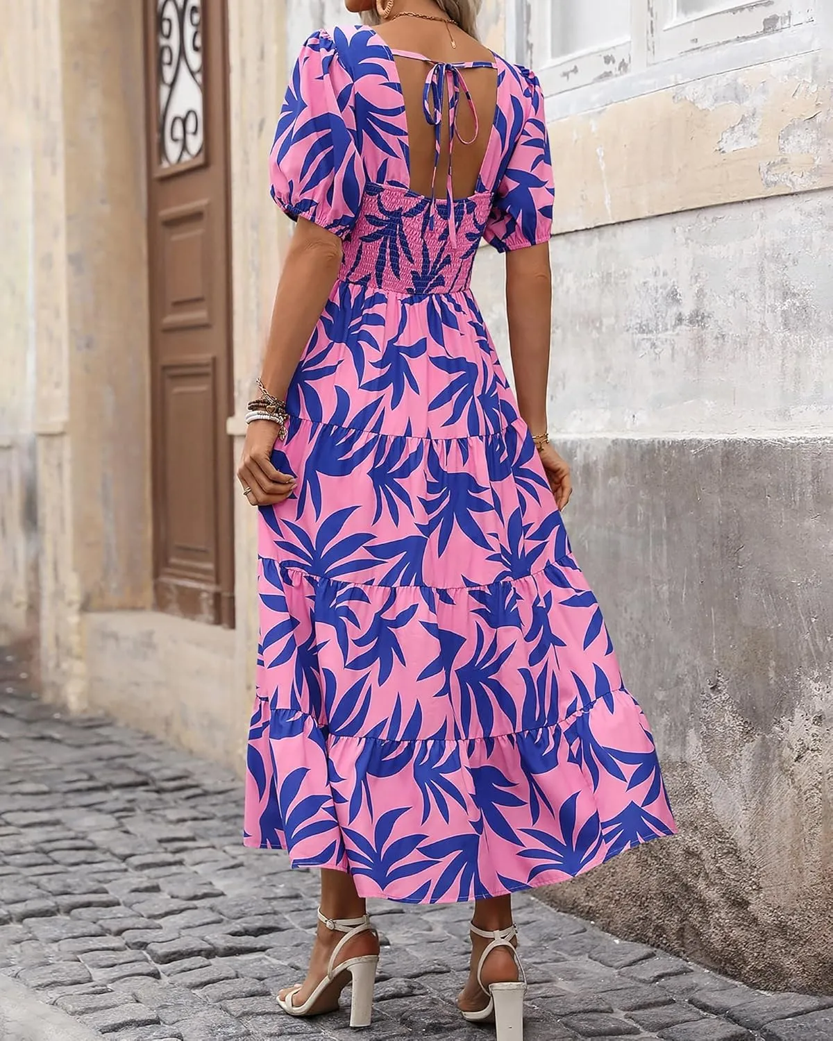 Floral Dress for Women Summer Puff Short Sleeve Square Neck Maxi Dress Casual Ruffle High Waist Dresses 2025