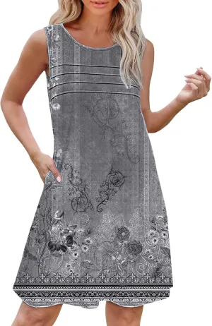 Floral Dresses for Women Womens with Pockets Summer Casual Tank Dress Sleeveless Midi Beach Dress Plus Size Dresses
