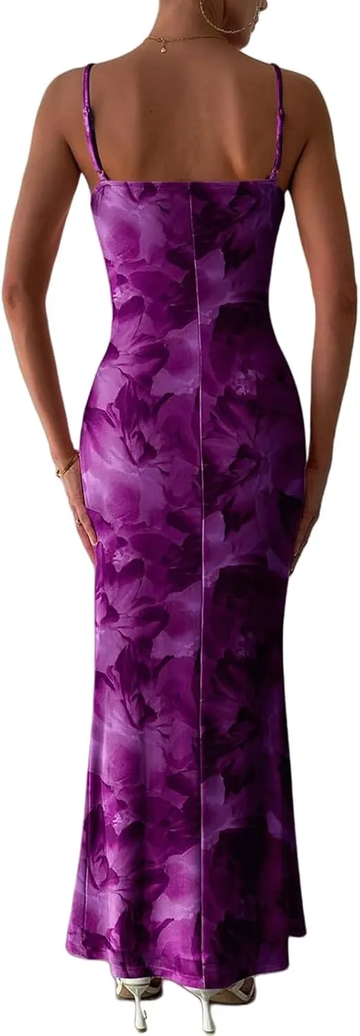 Floral Maxi Dress for Women Summer Sexy Backless Adjustable Spaghetti Strap Dresses Trendy Color Block Tunic Dresses